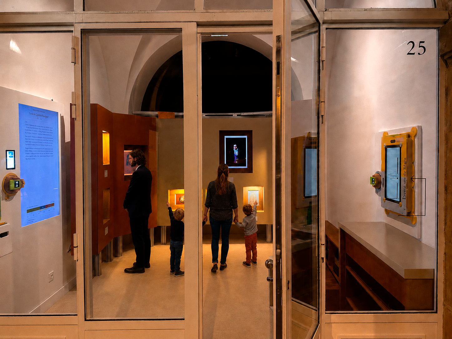 The Portrait Bureau storefront at 25 Place des Vosges, a family inside looking at the portraits